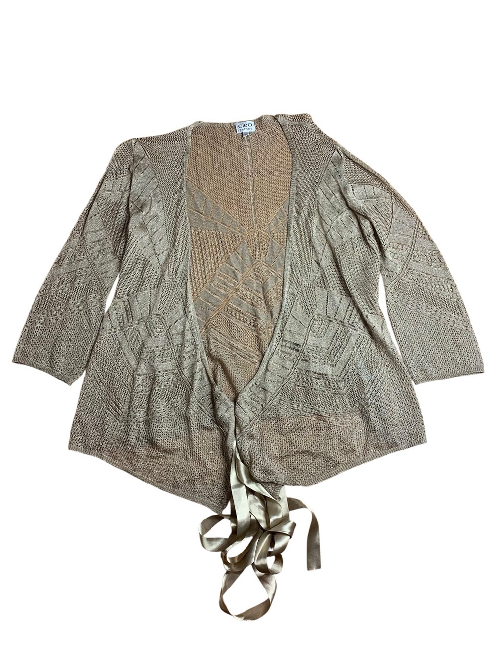 Cleo Petites Gold Metallic Knit Cardigan Open Front Ribbon Tie Size L/G 